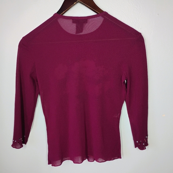 Vintage Express Top Womens Small Burgundy Y2K Floral Rhinestone Sheer Mesh - Picture 3 of 11
